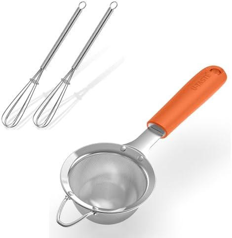 U-Taste 18/8 Stainless Steel 18/8 Stainless Steel 3.35in 30 Mesh Kitchen Food Sieve (Orange) and 18/8 Stainless Steel 7" Mini Whisk for Cooking by U-Taste