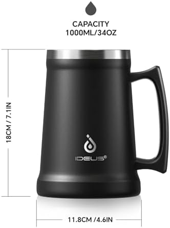 Ideus Insulated Beer Stein, 24/34oz Stainless Steel Double Walled Beer Mug Giant Bar Drinkware Metal Beer Cup with Big Grip Handle (Black, 34oz (1,000ml)) - Image 4