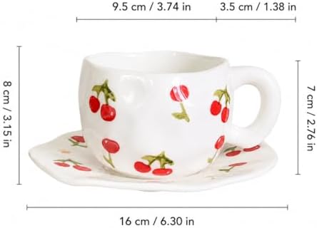 10oz Hand-Painted Cherry Pattern Coffee Cup with Saucer, Cute Porcelain Tea Mug for Latte, Cappuccino, Espresso, Home & Office, Dishwasher Safe, Ideal Gift - Image 2