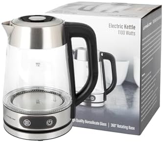 Epsilon 1.8L Glass Electric Kettle – Hot Water Tea Kettle with Borosilicate Glass & Stainless Steel, Auto Shut-Off, Fast Boil 1100W Electric Teapot, BPA-Free, Cool Touch Base by Epsilon