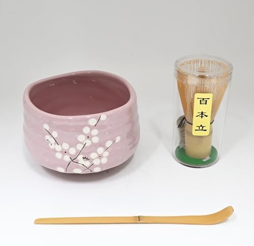 Ebros Gift Traditional Reduction Glazed Technique Ceramic Pottery Japanese Matcha Green Tea Bowl 21oz Ceremony Set With Bamboo Whisk and Spoon 4 Piece Set (Pink Sakura Blossoms) by EbrosGift