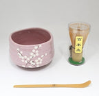 Ebros Gift Traditional Reduction Glazed Technique Ceramic Pottery Japanese Matcha Green Tea Bowl 21oz Ceremony Set With Bamboo Whisk and Spoon 4 Piece Set (Pink Sakura Blossoms) by EbrosGift