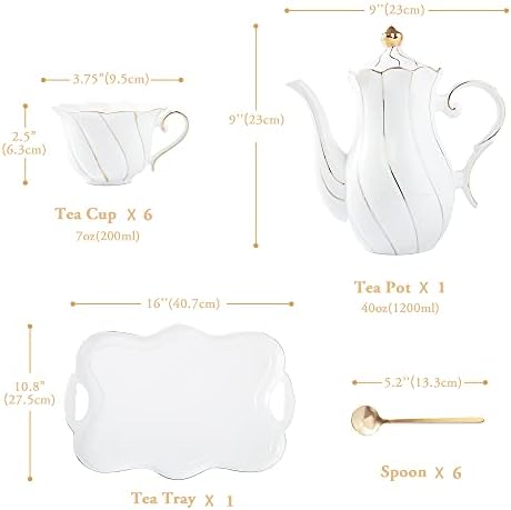 DUJUST 14 pcs Tea Set for 6 with Tea Tray & Spoons, Luxury British Style Coffee Cup Set with Golden Trim, Beautiful Porcelain Set for Living Room Decor, Tea Party Set, Gift Package - White - Image 5