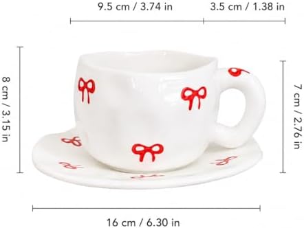 Ceramic Coffee Cup and Saucer Set, 10oz Cute Bow Handle Tea Cup, Hand-Painted Porcelain Mug for Latte, Cappuccino, Espresso, Office & Home, Ideal Gift for Women - Image 2