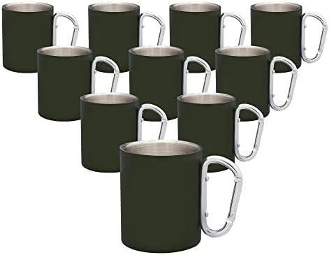 DISCOUNT PROMOS Stainless Steel Mugs with Carabiner Handle 10 oz. Set of 10, Bulk Pack - Perfect for Coffee, Soda, Other Hot & Cold Beverages - Army Green by DISCOUNTPROMOS