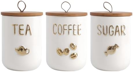 YYW Kitchen Canisters for Countertop, White Airtight Ceramic Canister with Seal Wooden Lid Storage Container for Coffee Bean Ground Coffee Sugar and Tea (Three piece) by YYW