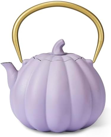 Pumpkin Cast Iron Teapot with Infuser - 40oz Japanese Iron Tea Kettle with Enamel Interior, Cute Halloween Teapot for Loose Tea & Coffee, Stainless Steel Filter, Stove Safe (Purple) by SKIKEN