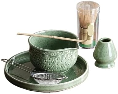 Matcha Set 2/6 Pieces - Green Pattern Tea Bowl, Bamboo Stirrer, Spoon & Filter Traditional Ceremony(6 pieces B) by Unknown