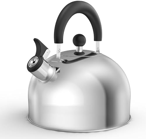 Whistling Stovetop Tea Kettle, 3.2 Quart Stainless Steel Teapot with Cool Touch Ergonomic Handle, Hot Water Fast to Boil, Silver by SimpleDeluxe