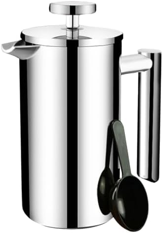 French Press Coffee Maker With 3-Layer Filter System Double Wall Insulated Stainless Steel Multifunction Brewed Coffee Pot With 1 Coffee Spoon And Cleaning Brush(/Silver A,700ml) by GIZNXBA