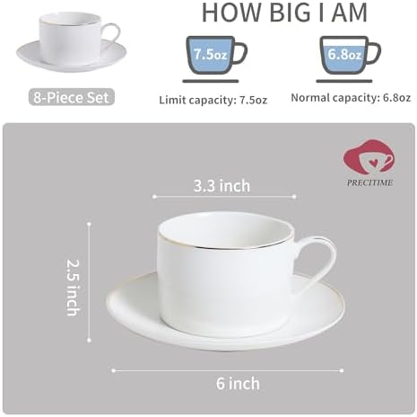 6.6oz White Porcelain Tea Cup and Saucer Set with gold, Set of 8 - Image 2