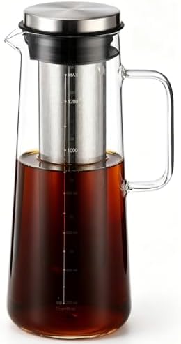 Cold Brew Pitcher, 1.4 L 48 Oz Borosilicate Glass Coffee Maker with Stainless Steel Mesh Filter and Airtight Lid, Iced Tea Maker for Home Beverage, Fridge Storage by Unknown