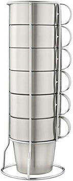 Stackable Stainless Steel Coffee Cups, Insulated Tea Cups with Stainless Steel Handle, Double Walled Insulated Coffee Mug, Keep Drinks Hot or Cold Longer, Metal Stand, Set of 6 by Mirenlife