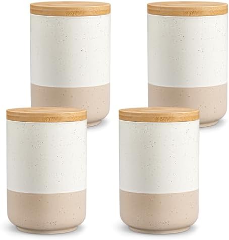 vancasso Sabine Ceramic Canister Set with Airtight Wood Lids - 4-Piece Small Kitchen Storage for Coffee, Sugar, Tea & Spices (18 oz Each) - Compact Countertop Jars by vancasso