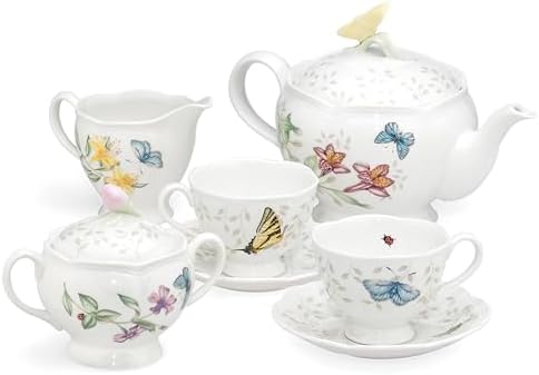Lenox Butterfly Meadow Porcelain Teapot and Tea Cup Set, 9-Piece, 48oz by Lenox