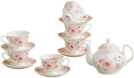Rose Floral Complete Tea Set: 27oz Porcelain Teapot & 12-Piece 6oz Cup Set, Includes Teapot, 6 Cups & 6 Saucers, Dishwasher Safe, Elegant Gift Set by PRECITIME