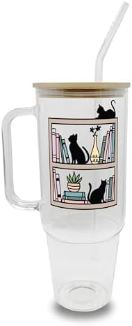Sip-Sip Hooray! Cats on Bookshelf 40oz Glass Tumbler with Lid and Straw by Sip-SipHooray