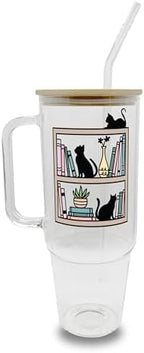 Sip-Sip Hooray! Cats on Bookshelf 40oz Glass Tumbler with Lid and Straw by Sip-SipHooray