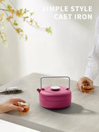 Toptier Teapot with Removable Infuser, Cast Iron Tea Kettle Stovetop Safe, Solid Geometry Cylinder Design Tea Pot Coated with Enameled Interior for 27 Ounce (800 ml), Rose Red - Image 2