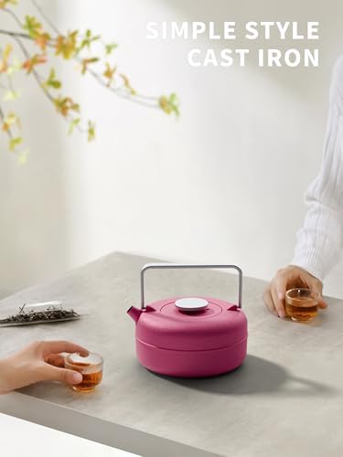 Toptier Teapot with Removable Infuser, Cast Iron Tea Kettle Stovetop Safe, Solid Geometry Cylinder Design Tea Pot Coated with Enameled Interior for 27 Ounce (800 ml), Rose Red - Image 2