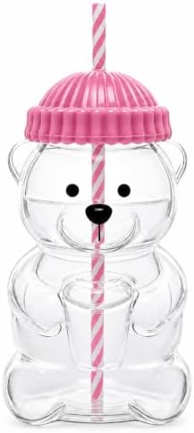 Cute Bear Glass Tumbler with Lid and Straw, 20 oz, Pink by DSZDSXC
