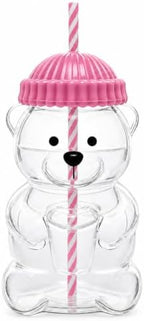 Cute Bear Glass Tumbler with Lid and Straw, 20 oz, Pink by DSZDSXC