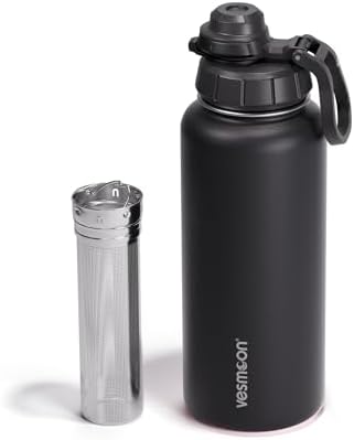 Vesmoon Vessence 32 Oz Stainless Steel Tea Infuser Bottle for Loose Leaf Tea, Water, Herbs, Fruits - Triple Layered Insulated, Leak Proof Bottle with Lid and Clip Handle - 24 Hours Hot/Cold by Vesmoon