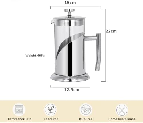 Silver French Press Coffee Maker – 34oz Borosilicate Glass, 4-Level Stainless Steel Filter System (Extra Fine Filtration), Heat & Cold Resistant, Dishwasher Safe – Modern Silver Finish - Image 2