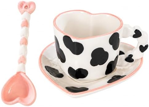 Heart Shaped Coffee Mug Set with Saucer and Spoon, Cute Cow Ceramic Tea Cup Set with Heart Handle, 260ML Latte Cappuccino Mug for Coffee Tea Hot Chocolate, Gift for Women Girls by HDJNal