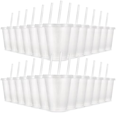 24 Pcs Plastic Tumblers with Lids and Straws, Reusable Cups with Lids Plastic Colorful Cups for Party Birthday, Iced Coffee Cup Travel Mug Cold Drink Tumblers Bulk (16 oz, White) by LEIFEOSH