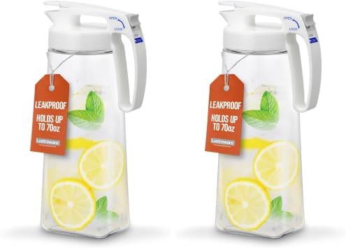 Lustroware QuickServe Airtight Pitcher - 2.1L (70oz), Heat Resistant, BPA-Free SAN Plastic, One Touch Open & Close, Space-Saving, Made in Japan - White (Pack of 2) by Lustroware