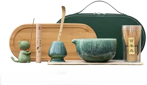 Matcha Whisk Set, Zen Travel Tea Ceremony Kit with Cat Figurine, Bamboo Whisk, Bowl, Incense & Portable Bag - 9-Piece Portable Matcha Set for Mindful Gifting & On-The-Go Rituals (R) by Unknown