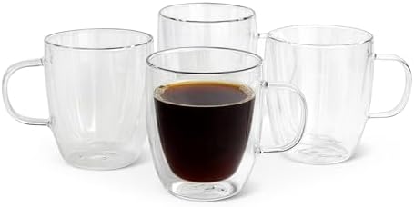 Amazon Basics Double Walled Glass Coffee Mugs, 4-Piece Set, Dishwasher-Safe, Borosilicate Glass, 12 oz. (Pack of 6) by AmazonBasics