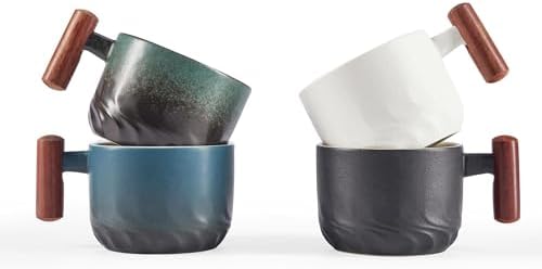 6 Oz Ceramic Espresso Mugs with Wooden Handle, Demitasse Cups for Double Shot Latte Cappuccino Lungo Tea Bag Beverage, Espresso Cups Set of 4 by CLASGLAZ