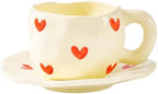 Ceramic Coffee Cup and Saucer Set, 10oz Cute Heart Pattern Tea Cup with Handle, Hand-Painted Porcelain Mug for Latte, Cappuccino, Espresso, Office & Home, Ideal Gift for Women by HDJNal