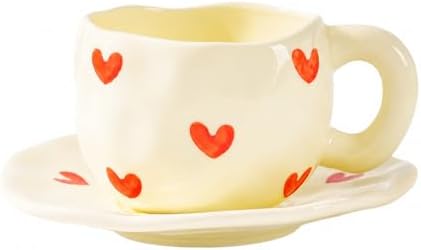 Ceramic Coffee Cup and Saucer Set, 10oz Cute Heart Pattern Tea Cup with Handle, Hand-Painted Porcelain Mug for Latte, Cappuccino, Espresso, Office & Home, Ideal Gift for Women by HDJNal