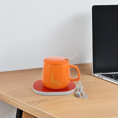 Ipetboom Electric Ceramic Coffee Mug Warmer Set with Auto Shut-Off USB Heating Plate, Office Desk Beverage Heater for Tea and Milk, Portable Orange Insulated Cup Set - Image 5