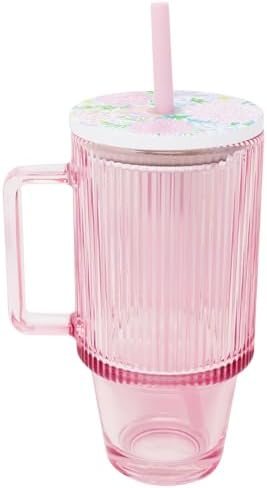 Lilly Pulitzer Pink 20 Ounce Glass Tumbler with Straw, Stylish and Reusable Drinkware for Cold Beverages, Textured Colored Glass with Handle and Pattern Lid (Lilly Garden Home) by Unknown