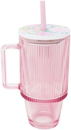 Lilly Pulitzer Pink 20 Ounce Glass Tumbler with Straw, Stylish and Reusable Drinkware for Cold Beverages, Textured Colored Glass with Handle and Pattern Lid (Lilly Garden Home) by Unknown