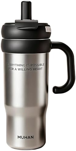 MUHAN 30oz Insulated Tumbler with Handle, Stainless Steel Water Bottle, Travel Mug (Steel Silver-316 stainless steel inner（Lid+tea strainer+Straw+handle）, MUHAN 30oz Insulated Tumbler with Handle) by Unknown