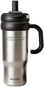 MUHAN 30oz Insulated Tumbler with Handle, Stainless Steel Water Bottle, Travel Mug (Steel Silver-316 stainless steel inner（Lid+tea strainer+Straw+handle）, MUHAN 30oz Insulated Tumbler with Handle) by Unknown