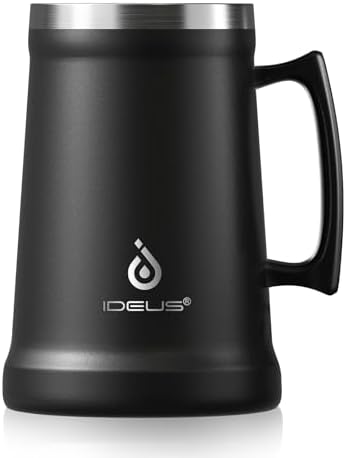 Ideus Insulated Beer Stein, 24/34oz Stainless Steel Double Walled Beer Mug Giant Bar Drinkware Metal Beer Cup with Big Grip Handle (Black, 34oz (1,000ml)) by IDEUS