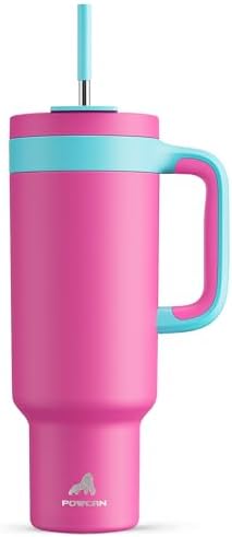 POWCAN 50 oz Tumbler with Handle, 2-in-1 Straw and Sip Lid, Leakproof, Dishwasher Safe, Insulated Stainless Steel Travel Coffee Mug, Keeps Cold for 34 Hours, Fits in Car Cup Holder (Petal) by POWCAN