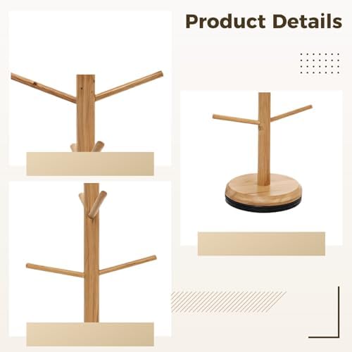Rotating Mug Tree, Holds 6 Cups, Freestanding Wooden Coffee Cup Holder, Space-Saving Kitchen Countertop Display - Image 4