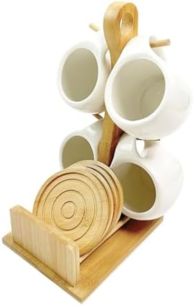 Bamboo Coffee Mug Holder Tree, Ceramic Coffee Cup Shelf Set 6 Piece Creative Cup Stand and Saucer Combination Coffee Mugs Kitchen Shelf Set (5x6.1x10) by Unknown