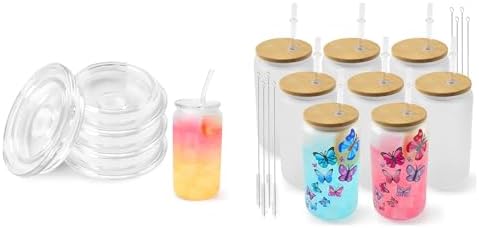 Joyclub Bundle of 4 Pack Acrylic Lids (Clear) and 8 Pack Sublimation Glass Cups Blanks with Bamboo Lid 16 OZ by Joyclub