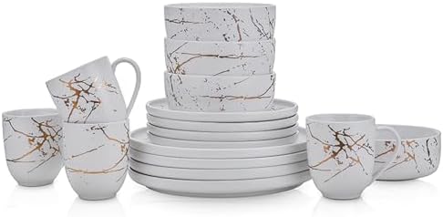 Stone Lain Porcelain 16 Piece Dinnerware set, 4 Full White Gold Splash Sets by Unknown