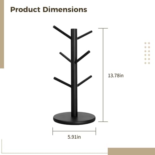 Kitchen Mug Holder, Freestanding Wooden Tree, 6 Hooks, Space-Saving Coffee Cup Organizer, Black Finish - Image 5