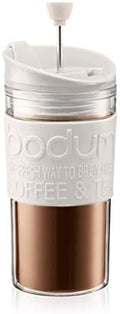 BODUM Travel Press Coffee Maker, Flip Top Lid, Double Wall, Plastic, 0.35 l, 12 oz, Off White by Bodum