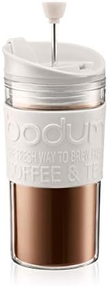 BODUM Travel Press Coffee Maker, Flip Top Lid, Double Wall, Plastic, 0.35 l, 12 oz, Off White by Bodum